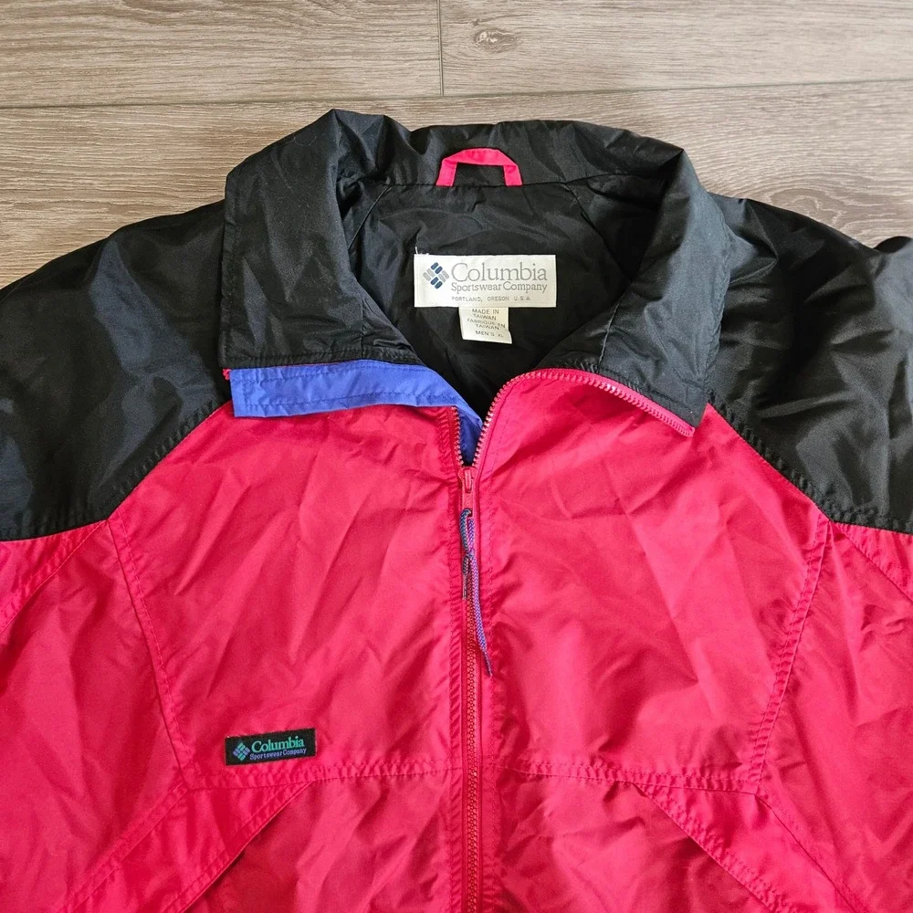 Vintage Columbia‎ Mens XL Windbreaker Jacket Red Black Full Zip Colorblock 90s